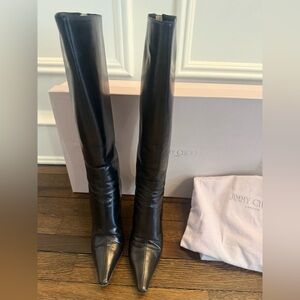Jimmy Choo Black Leather Knee High Pointed Toe Boots size 34